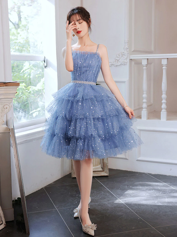 Shiny Short Puffy Blue Prom Dress A-Line Puffy Homecoming Dress HZ1023